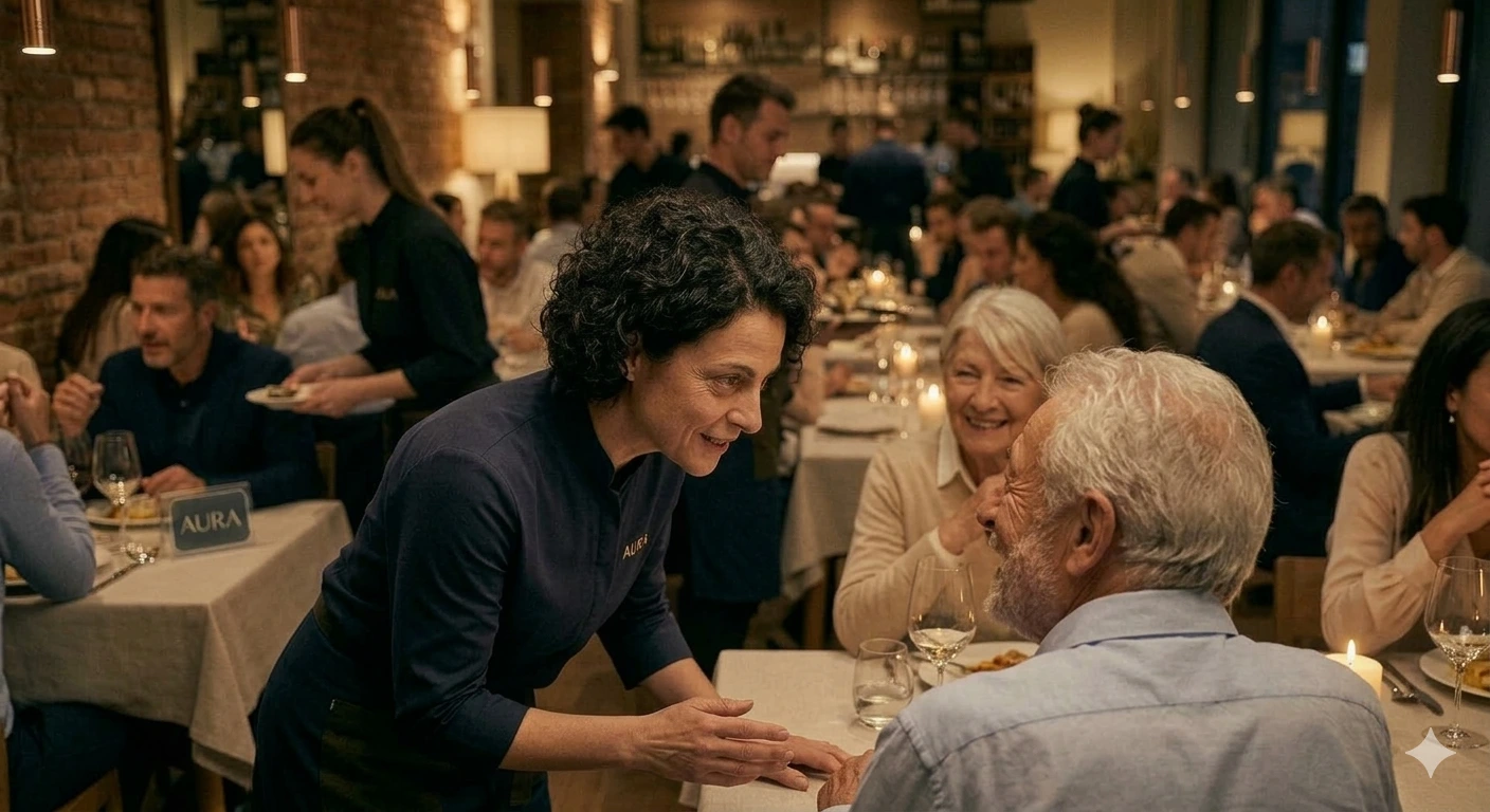 Ristoratore che accoglie i suoi ospiti in sala con cura